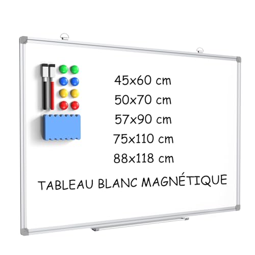 DOLLAR BOSS Tableau blanc, Tableau blanc magnétique 50x70cm, suspendu au mur, Cadre en aluminium Whiteboard, Tableau effaçable à sec, avec marqueurs et effaceur