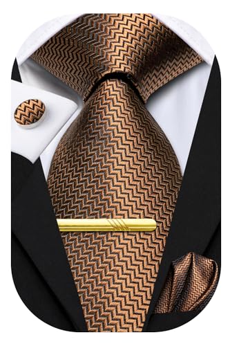 Hi-Tie Cravates pour homme - Ensemble de 4 pièces - Cravate de poche carrée - Boutons de manchette formels - Pince à cravate, Marron/rayures, M