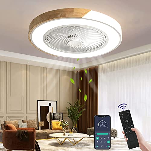 Ventilateur de plafond en bois avec éclairage LED, plafonnier ventilateur invisible dimmable avec télécommande, minuterie ventilateur silencieux, plafonnier pour salon chambre chambre d'enfant