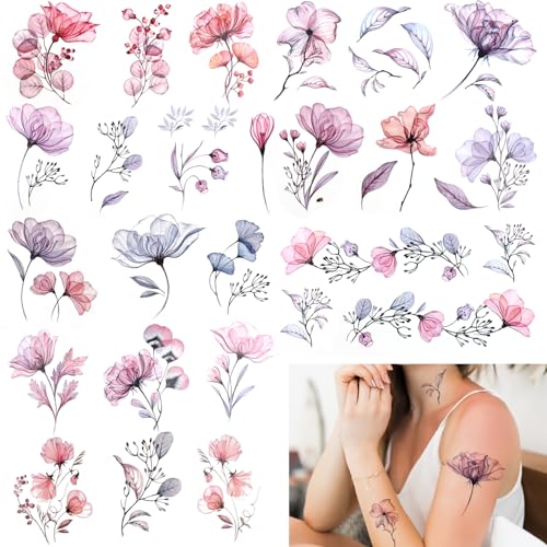 Jeffdad Tatouages temporaires de fleurs, 20 feuilles avec 40 motifs uniques, imperméables, pour adultes et adolescents