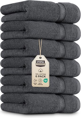 Utopia Towels - Lot de 6 Essuie Mains de Qualité Supérieure, (41 x 71 CM) 100% Coton filé, Ultra Doux et très Absorbant pour la Salle de Bain, Le Gymnase, la Douche, l'hôtel et Le Spa (Gris)