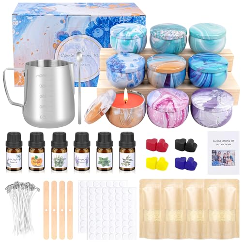 Kit Bougie a Faire Soi Meme Adulte, DIY Cire Bougie Kit Fabrication Bougie,Cadeau avec 480g Cire Soja, 9 Moules, 6 Huiles Parfumées, 8 Blocs Couleur, 100 Meches, 112 stickers