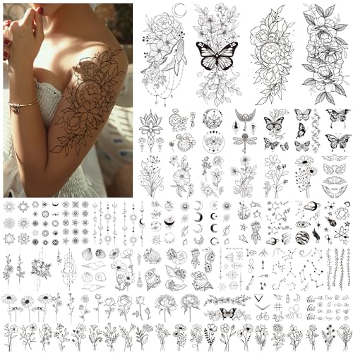 Acevegue 61 Feuilles Tatouages Temporaires, Fleurs, Papillons, Ailes Coquillage, Faux Tatouages Noirs pour Femmes et Filles, Tatouage Ephemere 3D Imperméables pour Enfants et Adultes