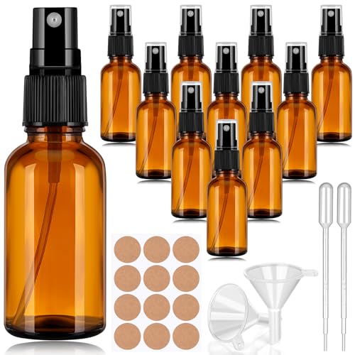 Zeawavsl Lot de 10 flacons pulvérisateurs vides en verre de 30 ml avec 2 entonnoirs et 1 compte-gouttes 1 autocollant, flacons pulvérisateurs portables pour recharges d'huiles essentielles et voyages