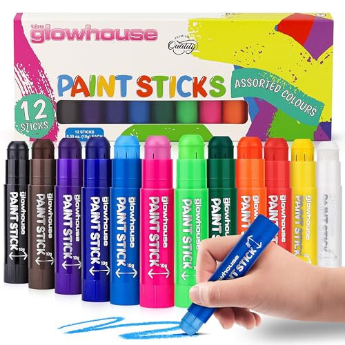 The Glowhouse Lot de 12 bâtons de peinture Tempera de couleurs classiques, non toxiques, lavables, sans désordre, multicolores pour enfants, parfaits pour les projets artistiques créatifs