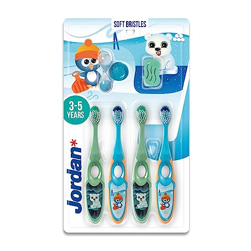 Jordan ® | Step 2 Brosse à dents pour enfants | Brosse à dents pour enfants de 3 à 5 ans | Poils souples, double poignée ergonomique et sans BPA | Couleur bleu et vert | Pack 4 unités