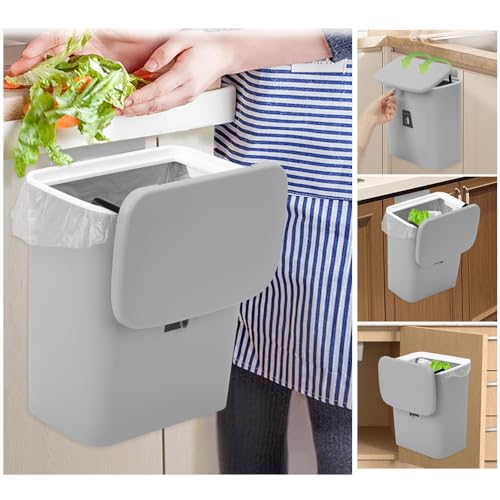 Poubelle à compost pour cuisine – 9 L – Poubelle de comptoir ou sous l'évier, petite poubelle à suspendre avec couvercle pour salle de bain/chambre(gris)