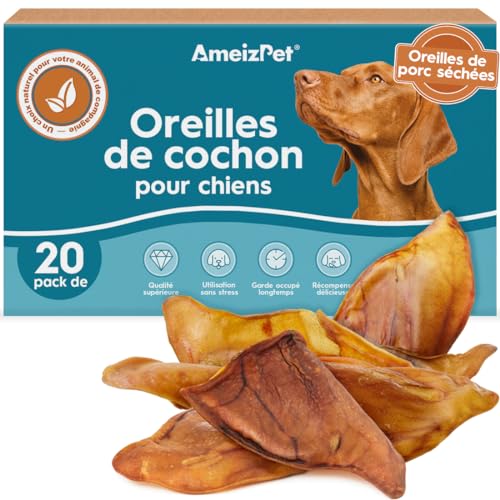 AmeizPet Oreille De Porc pour Chien, 100% Naturel Oreilles De Cochon, Résistant Mastication Friandise Chien, 20 Pièces