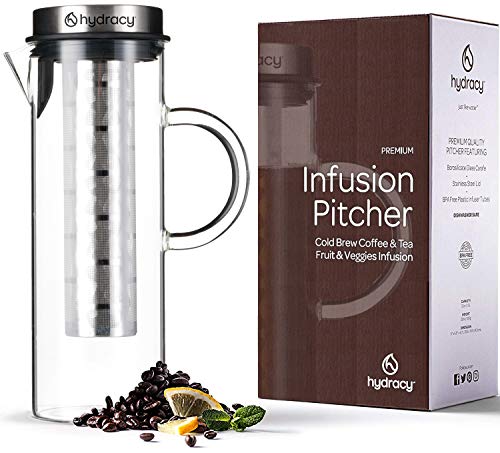 Hydracy Cafetière pour Café ou Thé Glacé - Grande Carafe 1,5L à Infusion de Fruits en Verre Borosilicate et Acier Inox - 2 Tubes infuseur Interchangeables - Idéal pour la Maison et la Cuisine