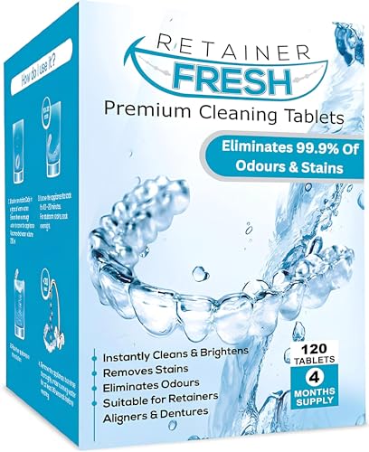 Tablettes de nettoyage Retainer – 120 comprimés 4 mois Retainer Fresh, Brite et Stain Free Tablets – Tablette de nettoyage pour appareils orthodontiques et gouttières, prothèses dentaires, aligneurs