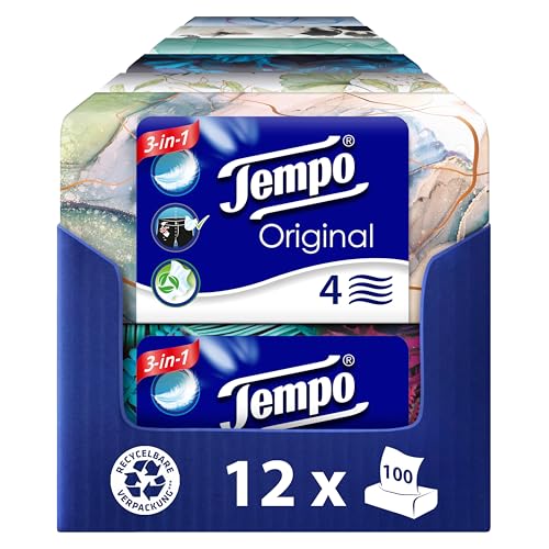 Tempo Mouchoirs originaux Duo-Box – Lot d'économies – 12 boîtes, 100 chiffons par boîte – extra forts et doux mouchoirs en papier, lavables en machine