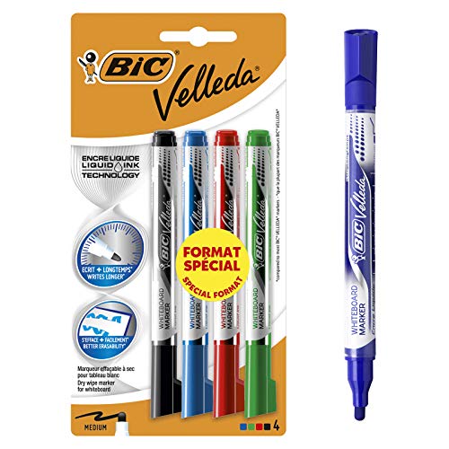 BIC Velleda Feutres pour Tableau Blanc Effaçables à Sec Pointe Conique Large - Couleurs Assorties, Blister Format Spécial de 4 - 1 Unité