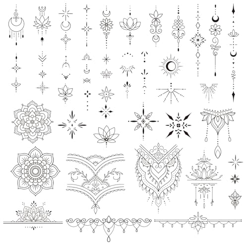 4Pcs Tatouage Temporaire Fleur Noire Motif Mandala Autocollant Tatouage Ephémère Etanche pour Femme