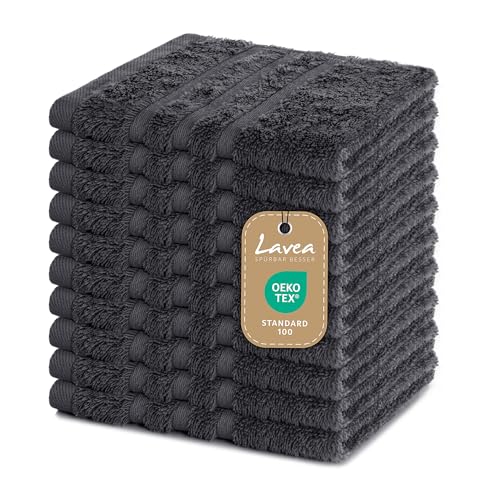 Lavea Lot de 10 Serviettes de Toilette 30 x 30 cm – Serviettes d'invité de qualité supérieure 30 x 30 cm en 100% Coton, série éponge Elena – Absorbantes, lavables et résistantes – Anthracite