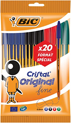 BIC Cristal Original Stylos-Bille Pointe Fine (0,8 mm) - Couleurs Assorties, Pochette Format Spécial de 20