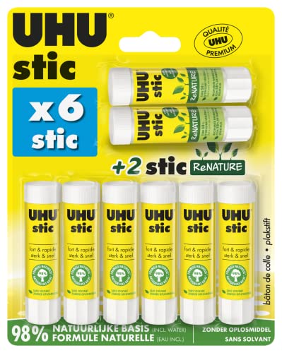 UHU Stic - Bâtons de colle sans solvants, blanche, lot 6 stics de 8,2g + 2 stics Renature de 8,2g