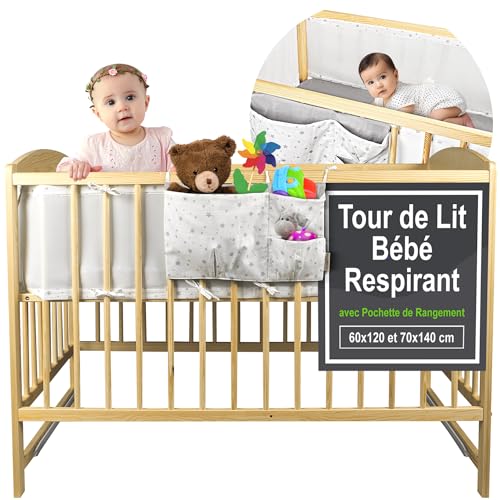 Tour de Lit Bébé avec Pochette de Rangement - Contour de Lit Bébé 60x120 et 70x140 cm à Lattes 3 à 4 Côtés - Tour de Lit Respirant Conforme à la Norme de Sécurité NF EN 16780 - Couleur Blanc Étoilé