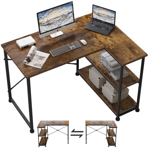 TRIUMPHKEY Bureau d'angle 110 × 80CM avec 3 Etagères Réversible à Gauche ou à Droite, Bureau Forme L pour Domicile, Marron