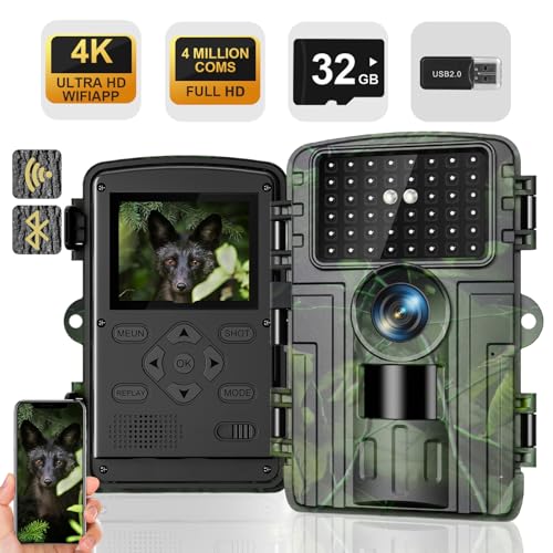 Camera de Chasse, Camera Chasse WiFi 4K/60MP Full HD, Détecteur de Mouvement, Vision Nocturne, Temps de Déclenchement de 0,1S, Caméra IR Pour Animaux Sauvages avec Carte SD 32GB & Lecteur de Cartes