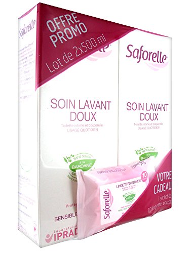 Saforelle Soin Lavant Doux Lot de 2 x 500 ml + 1 Sachet de Lingettes Intimes Offert