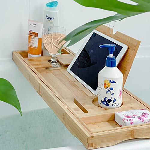 Deep Calm Plateau Baignoire – Bambou, Antidérapant, s'adapte à la Plupart des Tailles de Bain - Accessoire de Bain de Luxe pouvant contenir Un iPad, Un téléphone, Un Verre, Une Bougie (Natural)