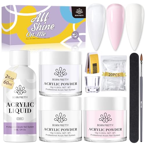BORN PRETTY Complete Acrylic Nail Kit, Acrylic Powder Clear Pink Milky White, 3 Boxes Acrylic Nail Powder with 60ML Acrylic Liquid, Nail Tips and Professional Acrylic Tool Sets