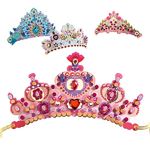 DJECO Kit Comme une Princesse - 4 Diadèmes Mosaïques à décorer ! Couronnes DIY à Décorer avec Gommettes et Stickers Scintillants - Développe la Créativité - 5+ Ans