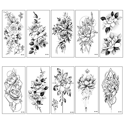 Neoreser Temporaire Tatouages 10 Feuilles, Autocollants, Fleurs Noires Ephemere Faux Tatouages pour Adultes Hommes et Femmes