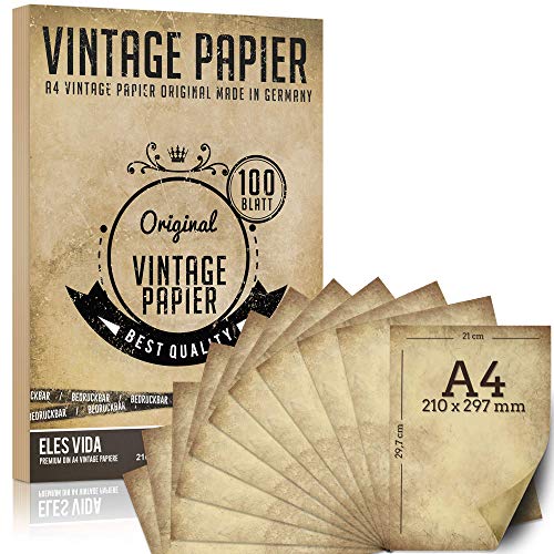 100 morceaux de papier à lettre vintage A4 100g / qm vieux papier kraft pour certificats cartes au trésor cartes artisanales, mariage, cadeaux, motif scrapbooking