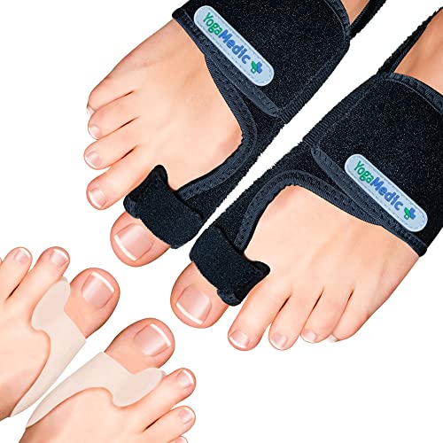 YOGAMEDIC® Correcteur Hallux Valgus & Redresseur Orteil | Détente, Étirement - 2 x Ecarteur d'orteil Oignon, 2 x Correcteur Silicone – Nuit & Jour Réglable, Kit Oignon Pied – Homme & Femme