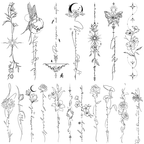 CHARLENT Tatouages ​​Temporaires pour Femmes et Filles - 45 Pièces, Motif Floral, Mots, Croquis, Réalistes, Longue Durée, Faux Tatouages, Tatouages ​​Minimalistes et ImperméAbles pour Bras