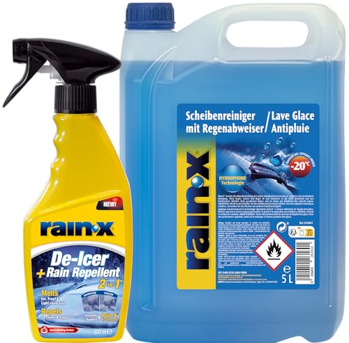 Rain-X Dégivreur 500 ML et Lave-Glace Pare-Brise 5L - Le Pack avantage Ultime pour Une visibilité Parfaite - Protection Contre Le Gel - Nettoyage sans Traces - Technologie déperlante
