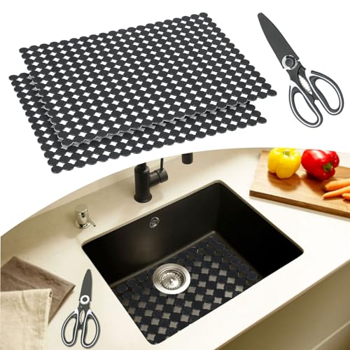 Tapis D'évier de Cuisine,Lot de 2 Tapis D'évier Avec Ciseaux de Bonne Qualité,Tapis évier Décoratif,Faciles à Mettre aux Dimensions,Facile à Entretenir,40 x 30 cm(noir foncé)