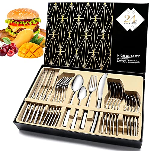 Ménagère de 24 Pièces pour 6 Personnes, Couverts de Table Acier Inoxydable, Ensemble de Couverts avec Couteau, Comprend Couteau, Fourchette, Cuillère, Cuillère à Café, Va Au Lave-Vaisselle