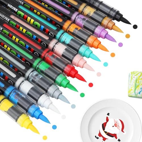 VOSSOT Marqueur Peinture Acrylique 12 Couleurs Feutre Porcelaine Crayon Acrylique Marqueur Peinture Feutre Peinture sur Verre et Feutres pour Céramique pour DIY Feutres pour Tasses Décoration Noël