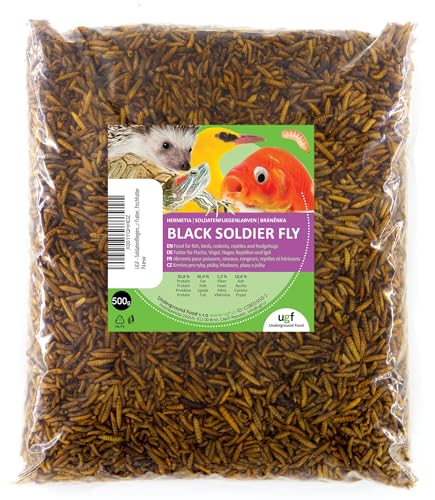 UGF - Larves de mouches soldats Hermetia - Mieux que les vers de farine séchés (500 g) - 85 fois plus de calcium que les vers de farine vivants - Friandises BSFL pour oiseaux sauvages, tortues, rats,