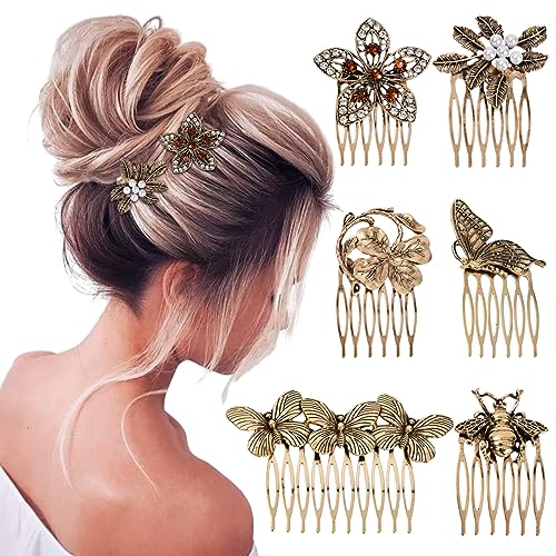 Lot de 6 Peignes Latéraux pour Cheveux Vintage Femmes Décoratifs, Peignes Latéraux Vintage En Métal Pour Femme Fille, Pinces à Cheveux en Métal avec Strass et Perles Dorées Rétro Cheveux de Mariée