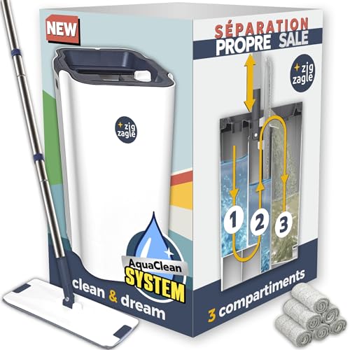 ZIG ZAGLE - kit Seau et Serpillière, Pure Water System, Separation Eau Propre/Sale : Ultra Hygiénique, Nettoyage Facile, Compact, Balai Plat, Serpillère Microfibre, Autonettoyant, Seau Essoreur