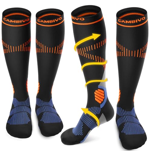 CAMBIVO Bas de Contention Femme Homme 2 Paires, Chaussettes de Compression 15-20 mmHg, Chaussettes Hautes Compression pour Circulation Sanguine Jambes, Voyage Avion, Running, Sport, Ski, Infirmiere