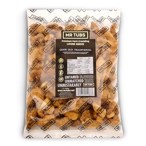 Craquelures de Porc Mr Tubs Pork Crackling, Sachet Vrac de 250 G - Sans Gluten, Riche en Proteines, Faible Teneur en Glucides, Compatible avec un Regime Keto (250g, Gout Classique)