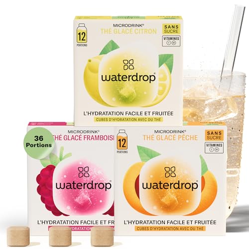 waterdrop® Coffret Thé Glacé | 36 cubes d'Ice Tea | Boisson sans sucre | 3 saveurs fruitées : Thé noir + Pêche, Thé vert + Citron, Thé noir + Framboise | Enrichi en vitamines