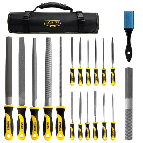 TARIST Lot de 19 limes métalliques et râpes comprenant une lime plate/demi-ronde/ronde/triangulaire/lime 4 voies/12 limes aiguilles/pinceau/sac à outils roulants, fonctionne pour le métal, le bois