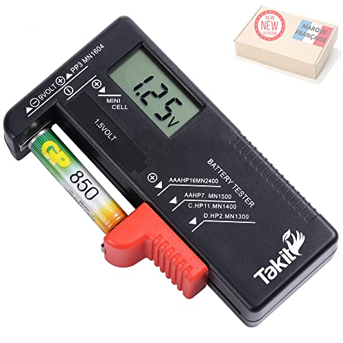 Takit Testeur de Piles numérique pour AA, AAA, C, D, PP3, 9V, 1.5V, Piles Bouton - Fonctionne sans Pile - Garantie 5 Ans - Marque Française