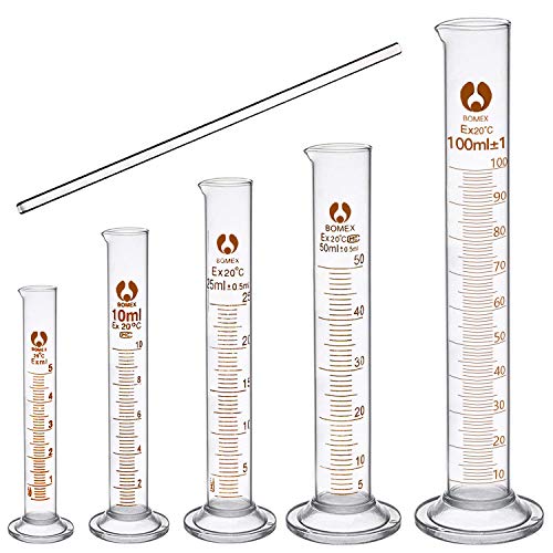 cococity 6 Pcs Éprouvettes Graduées Cylindriques en Verre, 5ml 10ml 25ml 50ml 100ml et Barre d'agitation, Kit Accessoires pour Laboratoire, Chimie