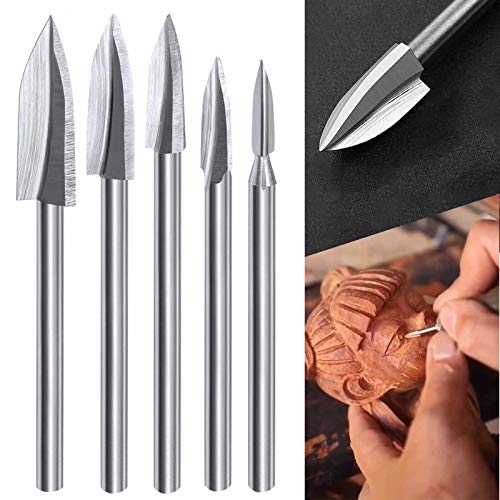 Mèches de Gravure sur Bois, 5 Pcs Ensemble d'Outils de Sculpture pour Accessoires d'Outils Rotatifs avec une Tige de 1/8 pouce Adaptation Universelle pour Outils Rotatifs