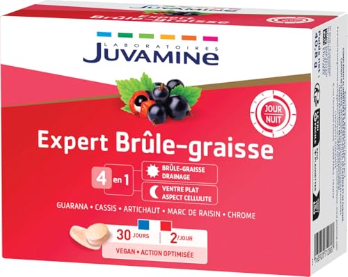 JUVAMINE - Expert Brûle Graisse Jour et Nuit - Contribue à Brûler les Graisses, Eliminer les Toxines, Réduire l'aspect Cellulite et Détoxifier le Foie - 2 x 30 comprimés - Fabriqué en France