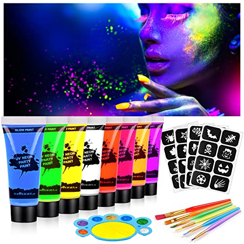 AOOWU Peinture Visage Corps Kit 19PCS, Peinture Corporelle, 8 * 10 ml UV Glow tubes de peinture fluorescente pour le visage et le corps, Halloween Noël Maquillage Fluo