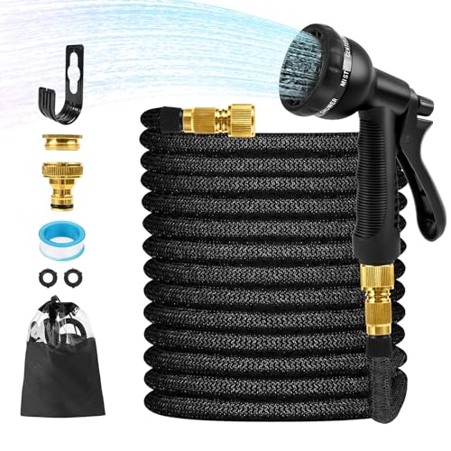 Gaethra Tuyau d'arrosage Extensible 30M, Tuyaux d'arrosage Flexible 100FT, Tuyau Arrosage Extensible avec Pistolet 8 Fonctions et 1/2'' et 3/4'' Adaptateurs pour Irrigation du Jardin, Noir