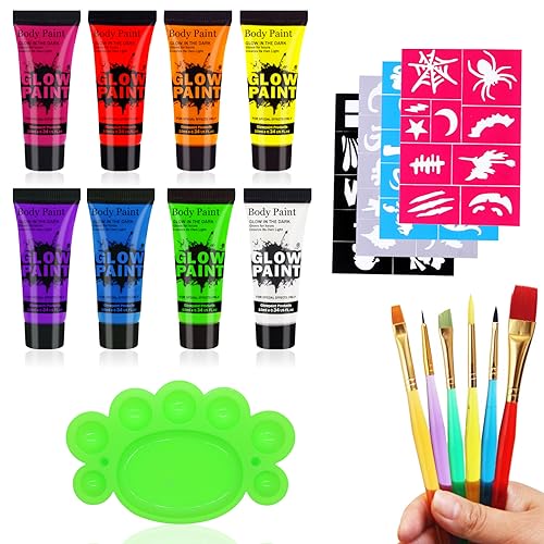 Peinture Corporelle 8 Couleurs, Peinture Fluorescente Pour Body Painting, Peinture Fluorescente UV Non Toxique Neon, Peinture au néon Phosphorescente pour Halloween et les Carnavals