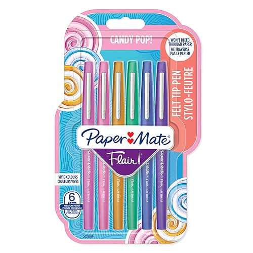 Stylos feutres Paper Mate Flair | Feutres de coloriage sans fuite à pointe moyenne (0,7 mm) | Idéal pour écrire, coloriage (adultes et enfants), scrapbooking, etc. | Couleurs Candy Pop | Lot de 6